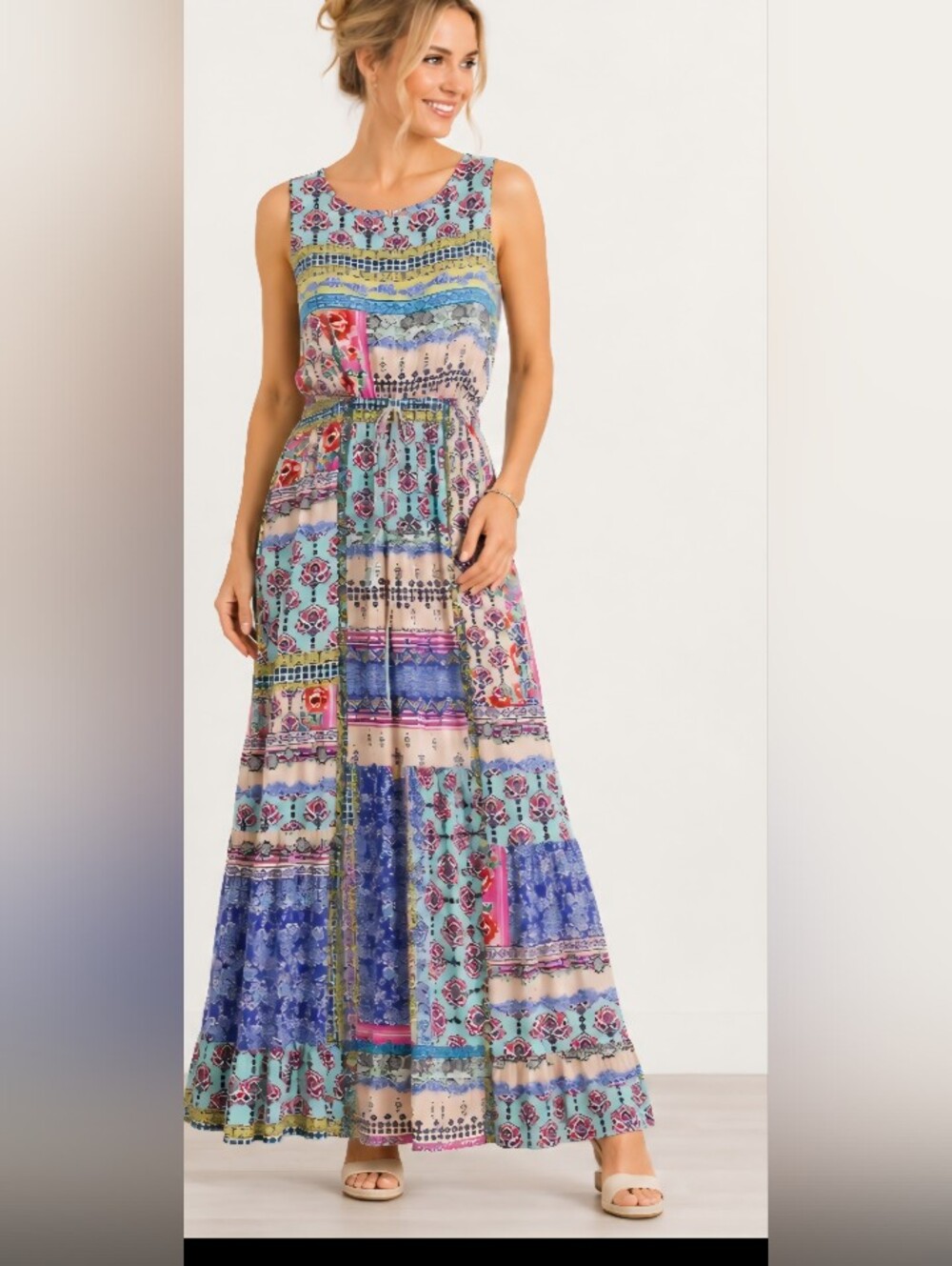 Johnny Was Silk Blend Patchwork Boho Maxi Dress Sleeveless Tassel Tie Medium